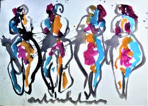 Anton Heyboer - Four women . Krachtige sierlijke kleurige schildering . verkocht voor € 525!