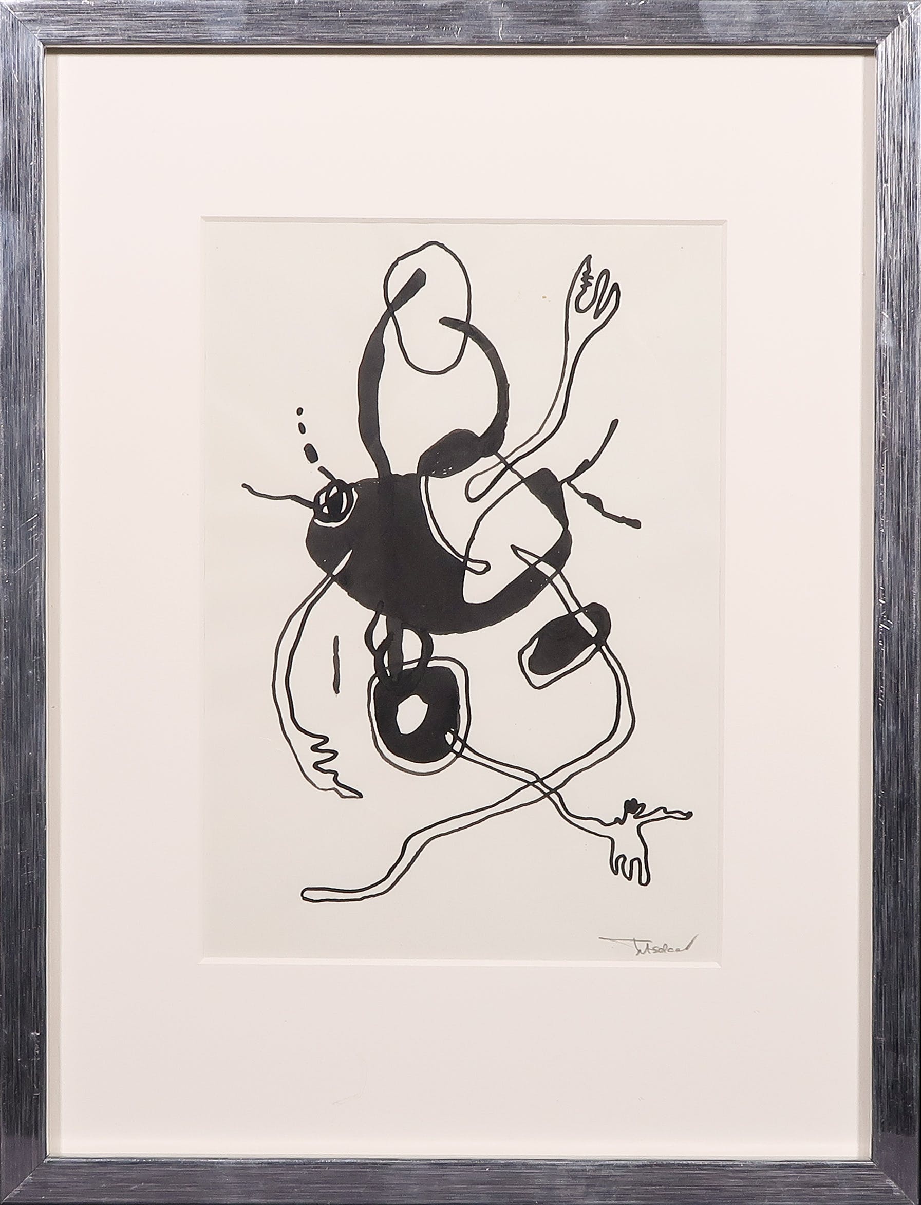 Henri Titselaar - Inkttekening, Abstracte compositie + boek - Ingelijst verkocht voor € 40!