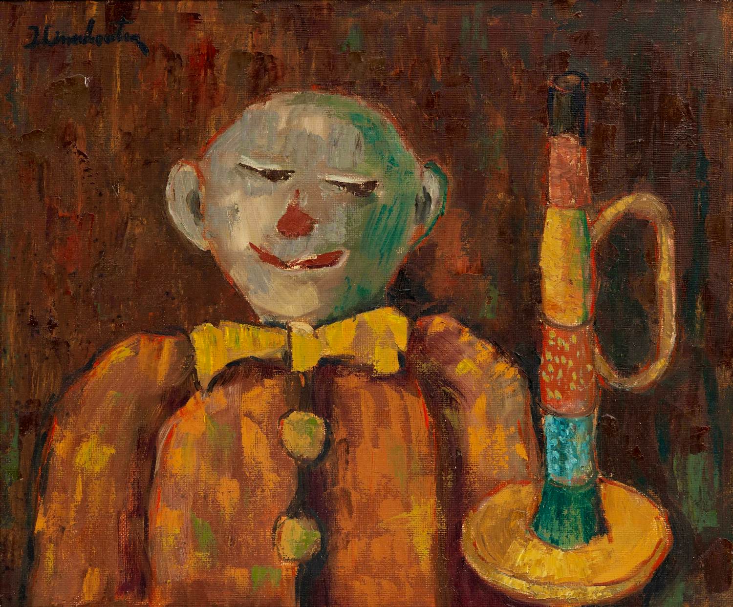 Jan Linschooten - Ingelijste olieverf op board: Clown met trompet kopen? Bied vanaf 249!