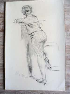 Harry Maas - Potloodtekening . poserende (school)meisje. verkocht voor € 70!