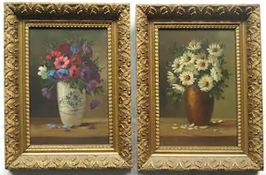 AcheterNiet of onleesbaar gesigneerd - 2x Olieverf op paneel, ingelijst , Bloemen? Enchérissez de 1!