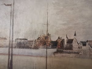 Niet of onleesbaar gesigneerd - Zicht op de jachthaven van Antwerpen met historisch stadscentrum op achtergrond kopen? Bied vanaf 1!