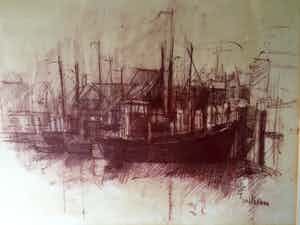 Dirkje Kuik - "Havengezicht" - Pasteltekening, Ingelijst verkocht voor € 115!