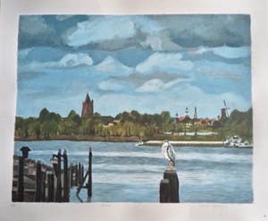 Valentin Bakardjiev - "Dalem" - Rivierlandschap met Vogel - zicht op Kasteel Loevestein kopen? Bied vanaf 29!