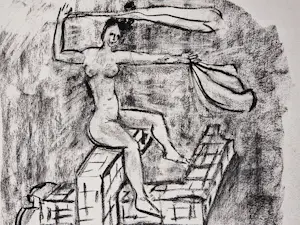 Hannes Postma - Grote in 2009 gemaakte houtskool tekening "la Muze" mooi ingelijst kopen? Bied vanaf 58!