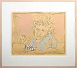 Co Westerik - Zeefdruk, Vrouw met prentbriefkaart - Ingelijst verkocht voor € 1!