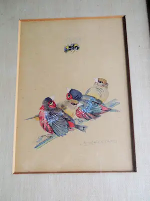 Karl Schicktanz - Aquarel - Vogeltjes op stok met Bij kopen? Bied vanaf 60!