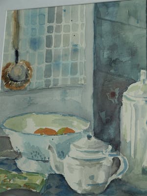 Selma Berkelaar - Grote ingelijste aquarel , “Keukeninterieur” – 88 x 63 cm – ca 1975 kopen? Bied vanaf 90!