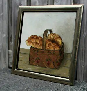 Herman Berserik - acryl op doek - stilleven:mand met broden - 1989 kopen? Bied vanaf 2250!