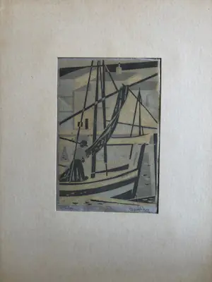 Geert Geerligs - linosnede: het inhalen van de netten kopen? Bied vanaf 25!