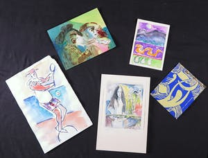 Joe Wols - Lot van vijf kleurrijke tekeningen met aquarel, verf en balpen kopen? Bied vanaf 1!