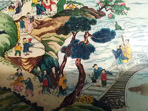 Niet of onleesbaar gesigneerd - Fraai hand beschilderd Japans dienblad met miniatuur personages kopen? Bied vanaf 1!