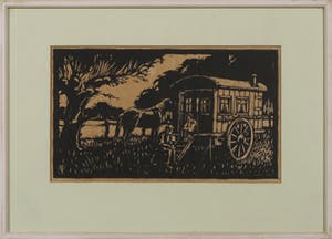 Niet of onleesbaar gesigneerd - Houtsnede, Paard, wagen en twee figuren - Ingelijst kopen? Bied vanaf 10!