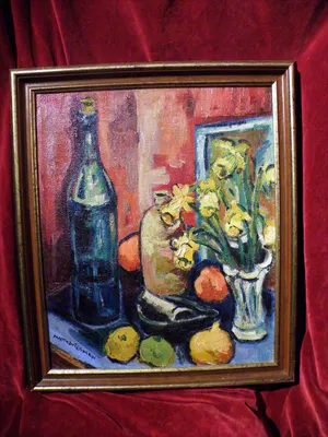 Matthieu Wiegman - Bloemenstilleven met fles en fruit - Bergense School kopen? Bied vanaf 450!