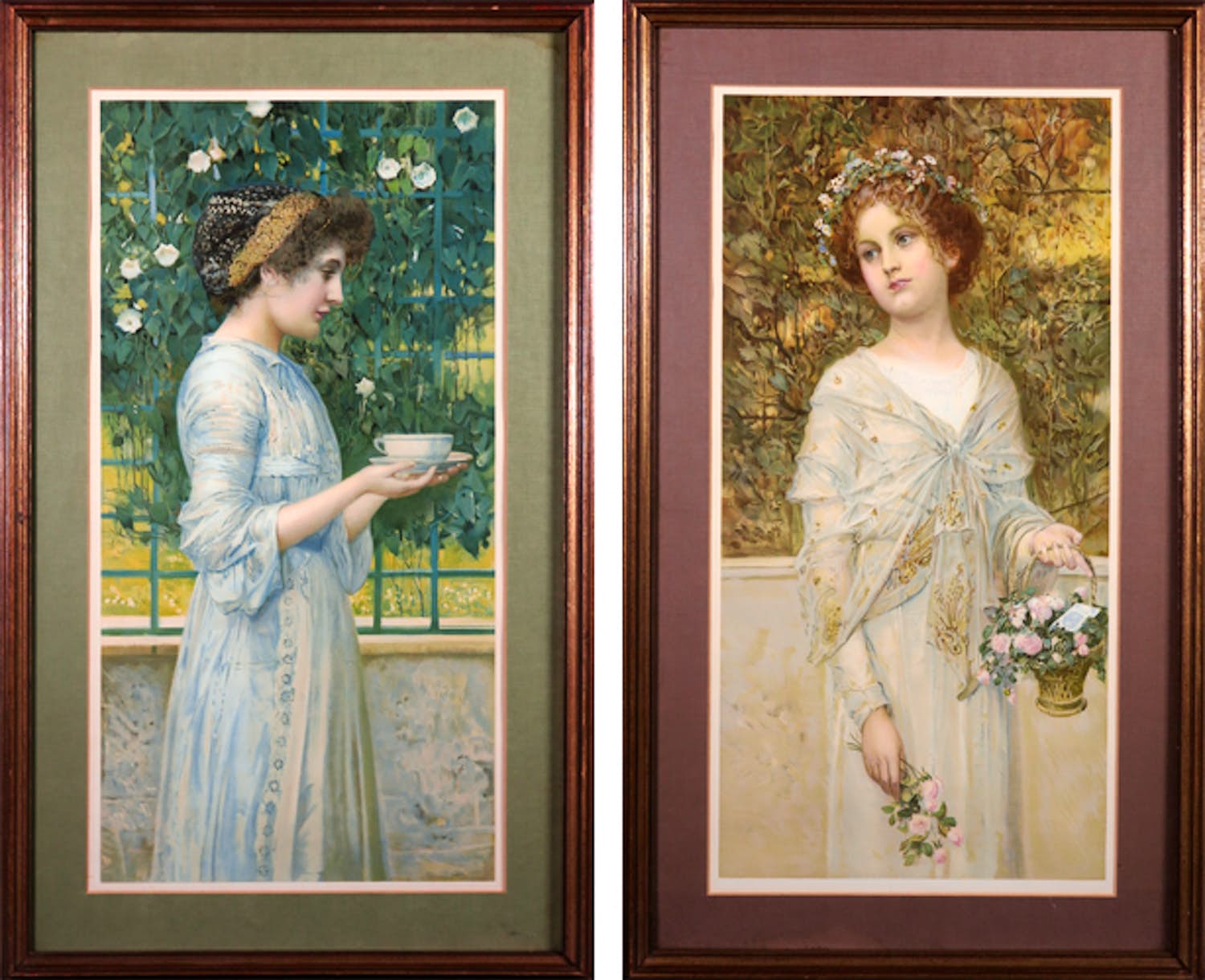 Niet of onleesbaar gesigneerd - Lot van twee litho's, Meisje met bloemen en dame met koffie - Ingelijst kopen? Bied vanaf 1!