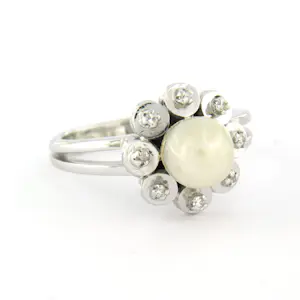 18k gouden ring met parel en erom heen single cut geslepen diamant tot. 0.04ct kopen? Bied vanaf 485!