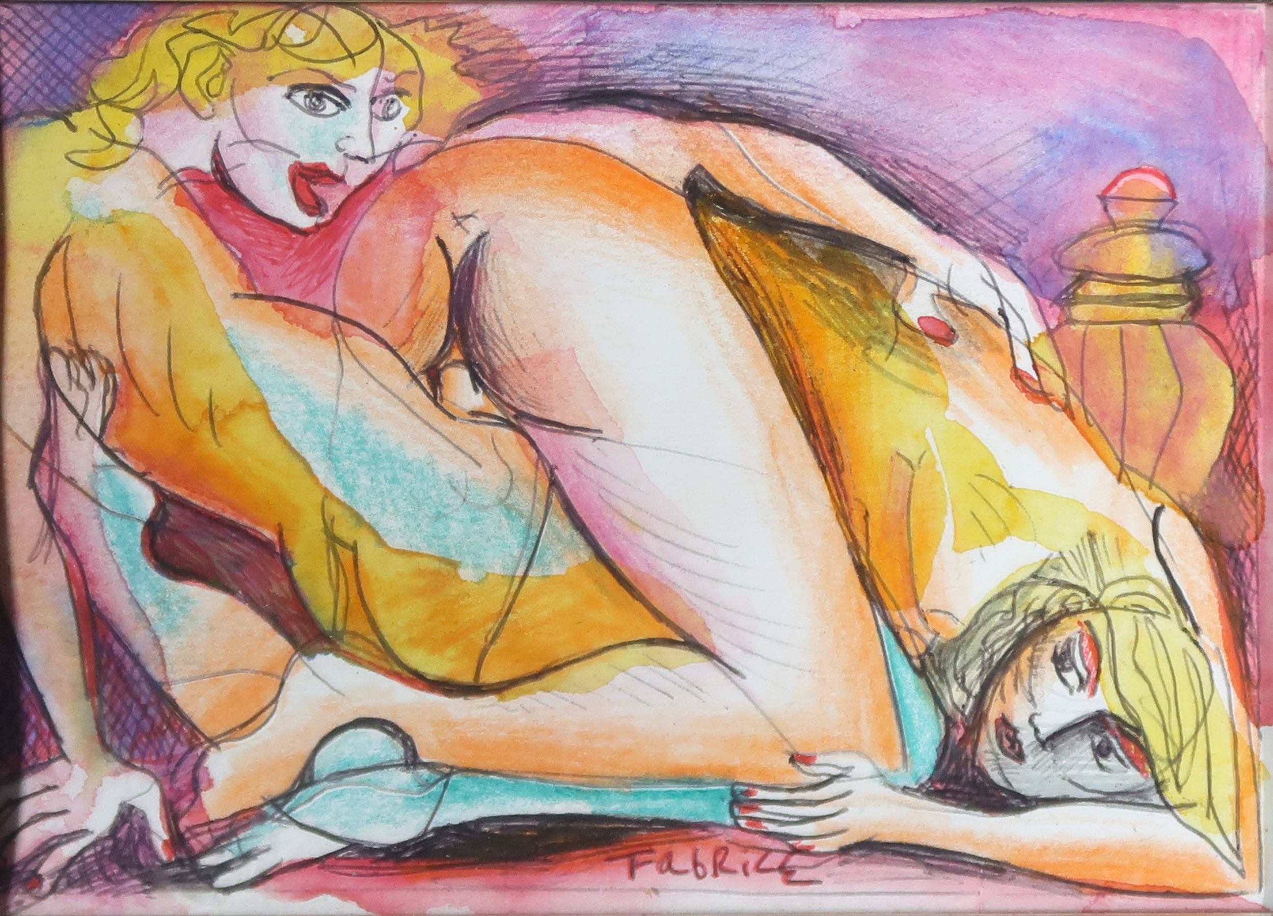 Fabrice Hund - Gemengde technieken op papier, Erotische voorstelling - Ingelijst kopen? Bied vanaf 150!