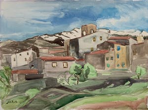 Jan Nolte - aquarel - 'Mediterraans dorp in berglandschap' (UNIEK WERK) kopen? Bied vanaf 75!