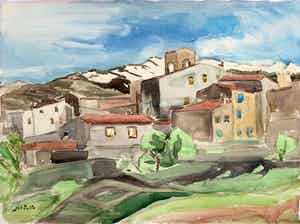 Jan Nolte - aquarel - 'Mediterraans dorp in berglandschap' (UNIEK WERK) verkocht voor € 75!