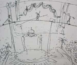 Hans Abbing - Ets: Trapeze act in een circus - 1982 verkocht voor € 55!