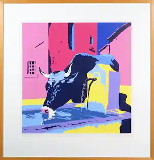 Marco Kooiman - Zeefdruk, Cow drinking at fountain - Ingelijst vendu pour 40€ !