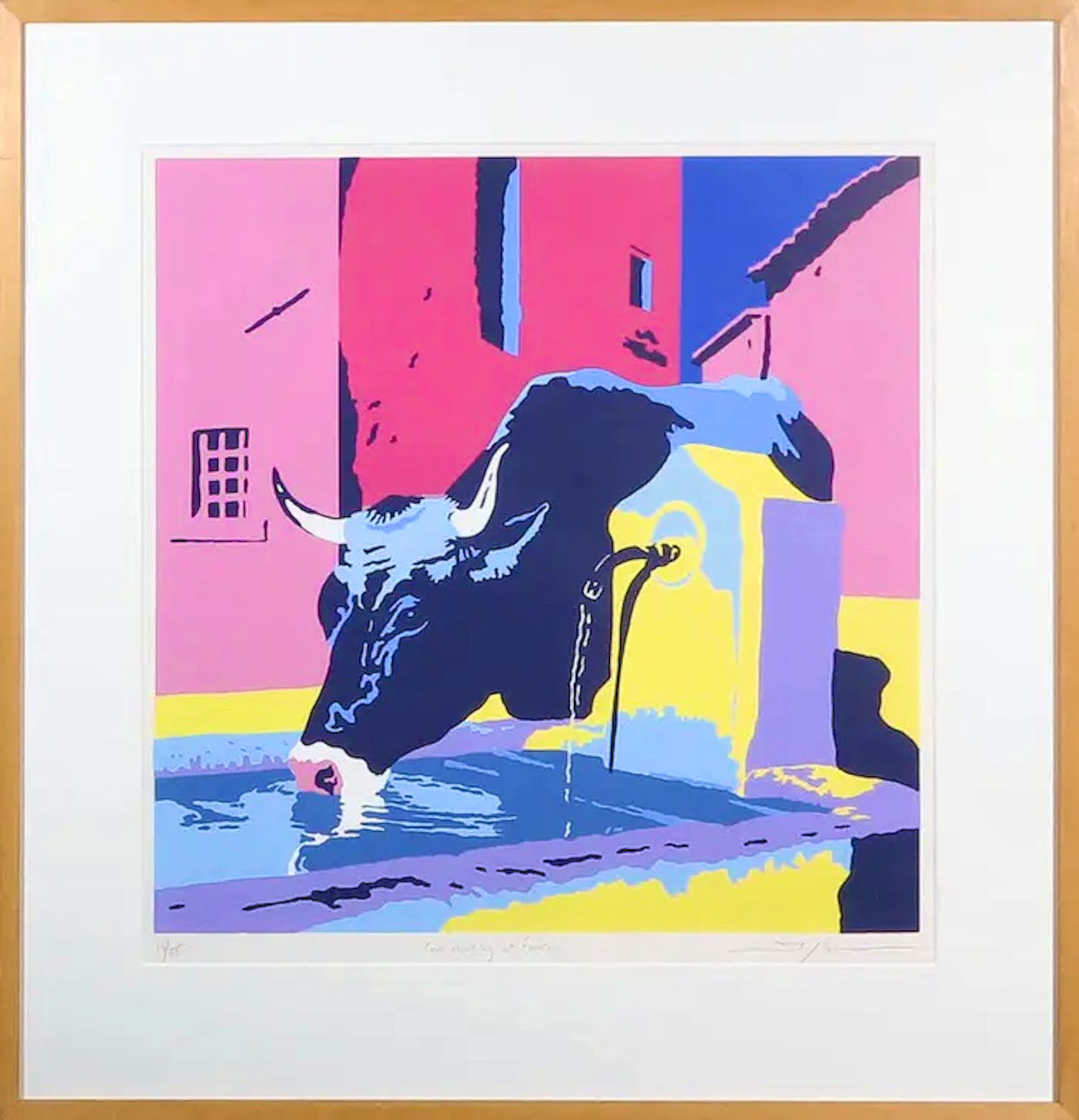 Marco Kooiman - Zeefdruk, Cow drinking at fountain - Ingelijst verkocht voor € 35!