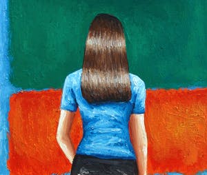 Gerard Boersma - Red, Green On Blue (Vrouw kijkend naar schilderij van Mark Rothko) kopen? Bied vanaf 75!