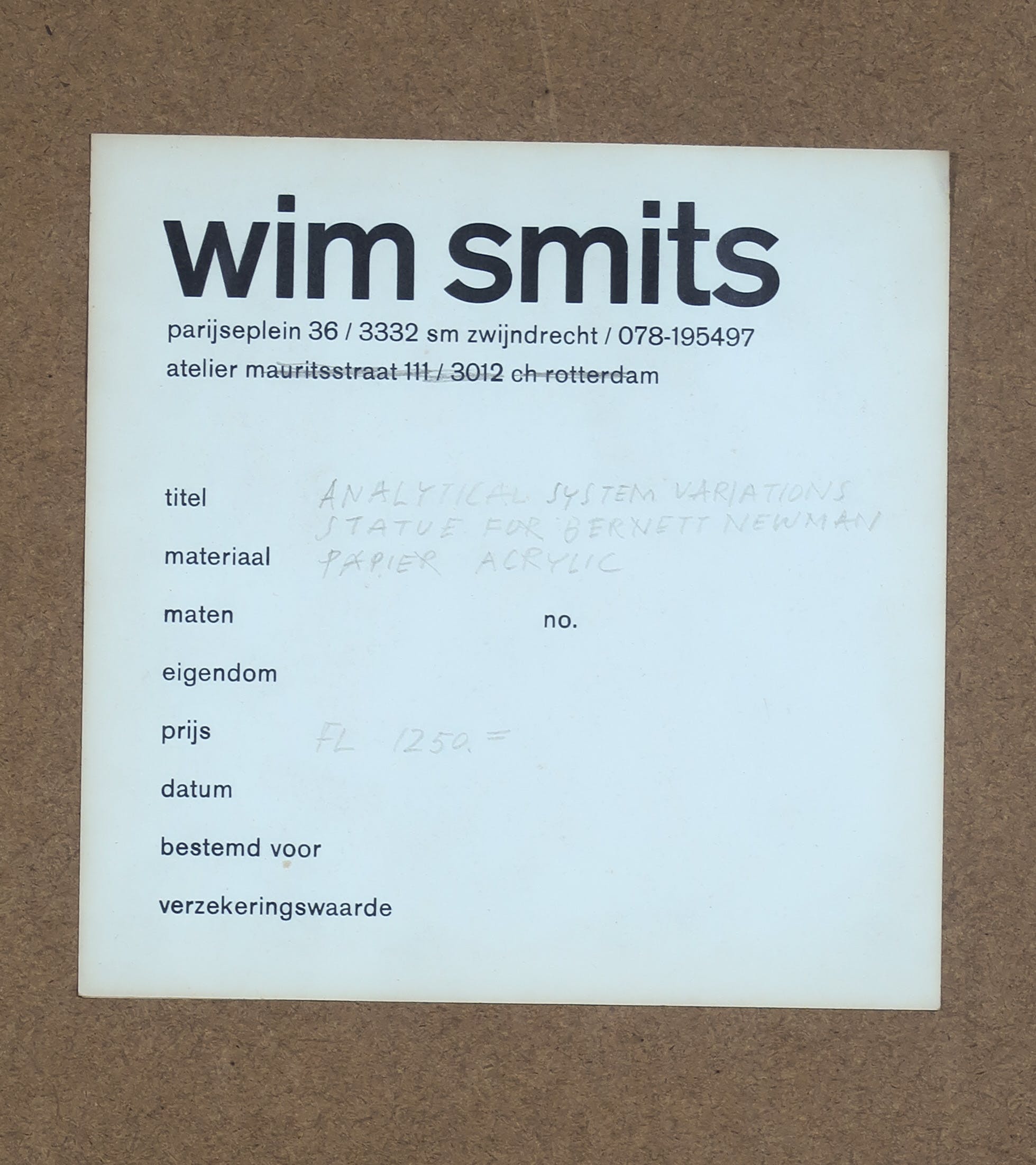 Wim Smits - Acryl op papier, Statue for Barnett Newman - Ingelijst kopen? Bied vanaf 130!