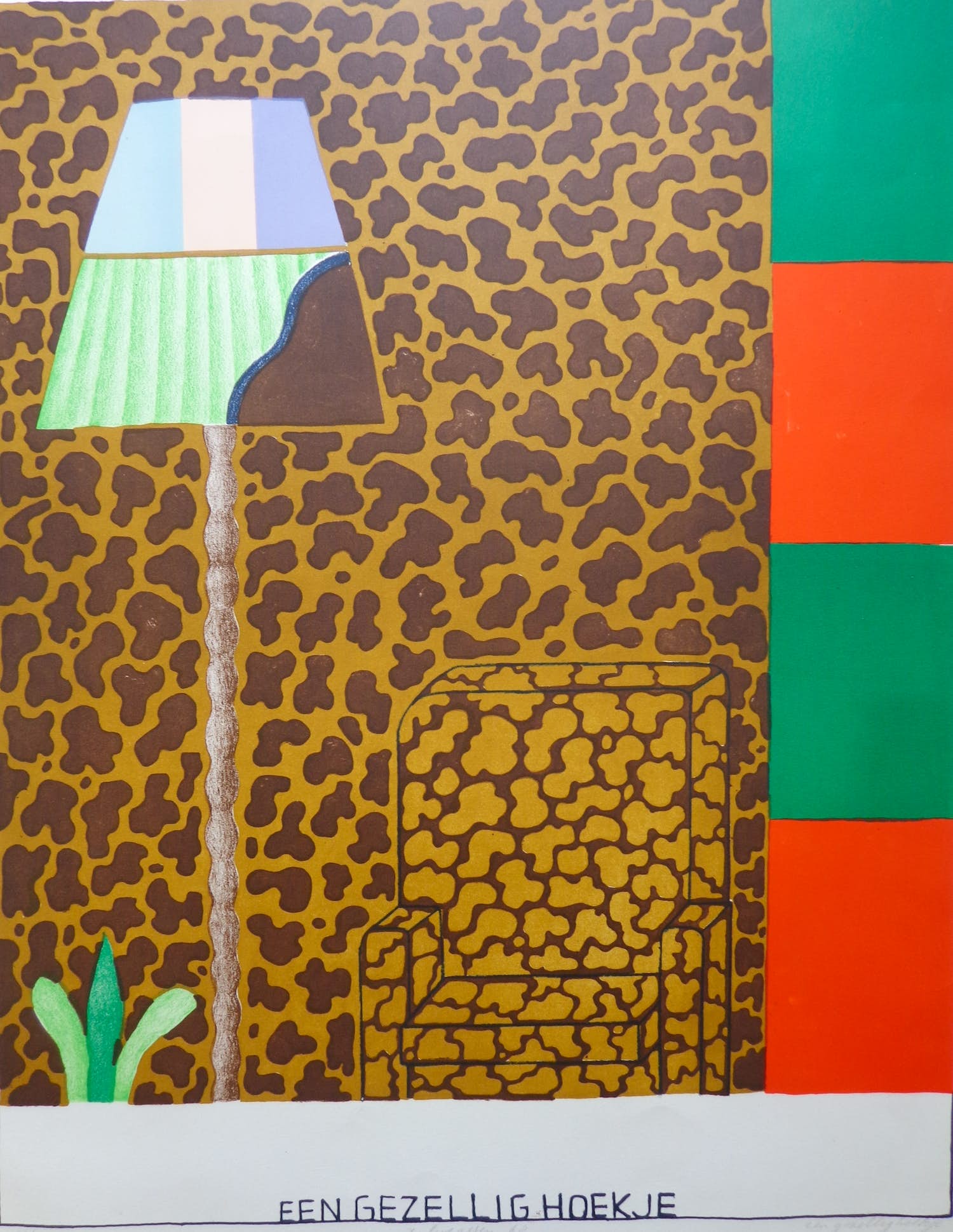 Reinier Lucassen - EEN GEZELLIG HOEKJE / KLEURLITHO / 78x57cm / SIG / 1968 verkocht voor € 115!