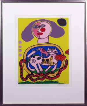 Corneille - Zeefdruk, Huit chats II - Ingelijst verkocht voor € 120!