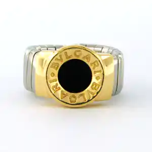 BVLGARI - 18k gouden ring met staal bezet met onyx - ringmaat 16 (50) verkocht voor € 500!