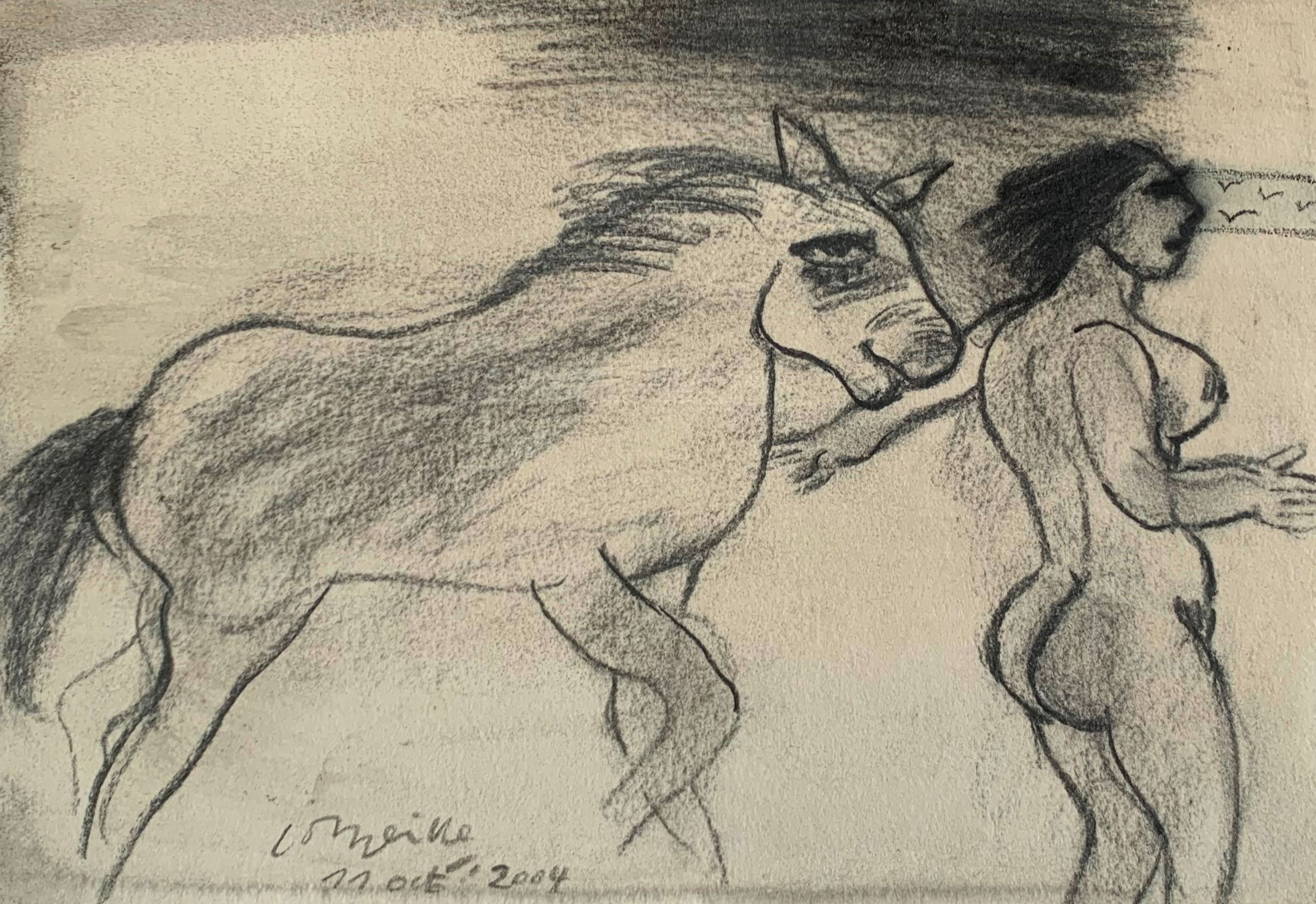 AcheterCorneille - Houtskool tekening: "Vrouw en paard" - 2004? Enchérissez de 1000!