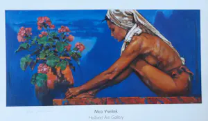 Nico Vrielink - Kleurenoffset-litho VROUW met BLOEMEN ---Handgesigneerd kopen? Bied vanaf 69!