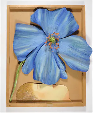 Arja van den Berg - Wandinstallatie in olieverf op zink, Vrouw met blauwe papaver kopen? Bied vanaf 1!