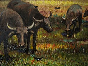 Niet of onleesbaar gesigneerd - Gesigneerd Indonesie Java Bogor "Herdersjongen op Karbauw" landschap olieverf kopen? Bied vanaf 10!