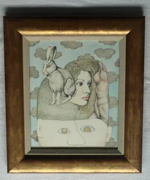 Henny van Diest - Ingelijst, Gemengde techniek, Vrouw met Konijn – Lijst, 39 x 34 cm - 1980 kopen? Bied vanaf 70!