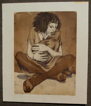 Herman Gordijn - Ets/aquatint: Mona met kussen + tentoonstellingsposter Dordrechts Museum kopen? Bied vanaf 350!