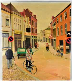 Niet of onleesbaar gesigneerd - BATES -Naïef geschilderde Bloemenmarkt Roosendaal 2 verkocht voor € 1!