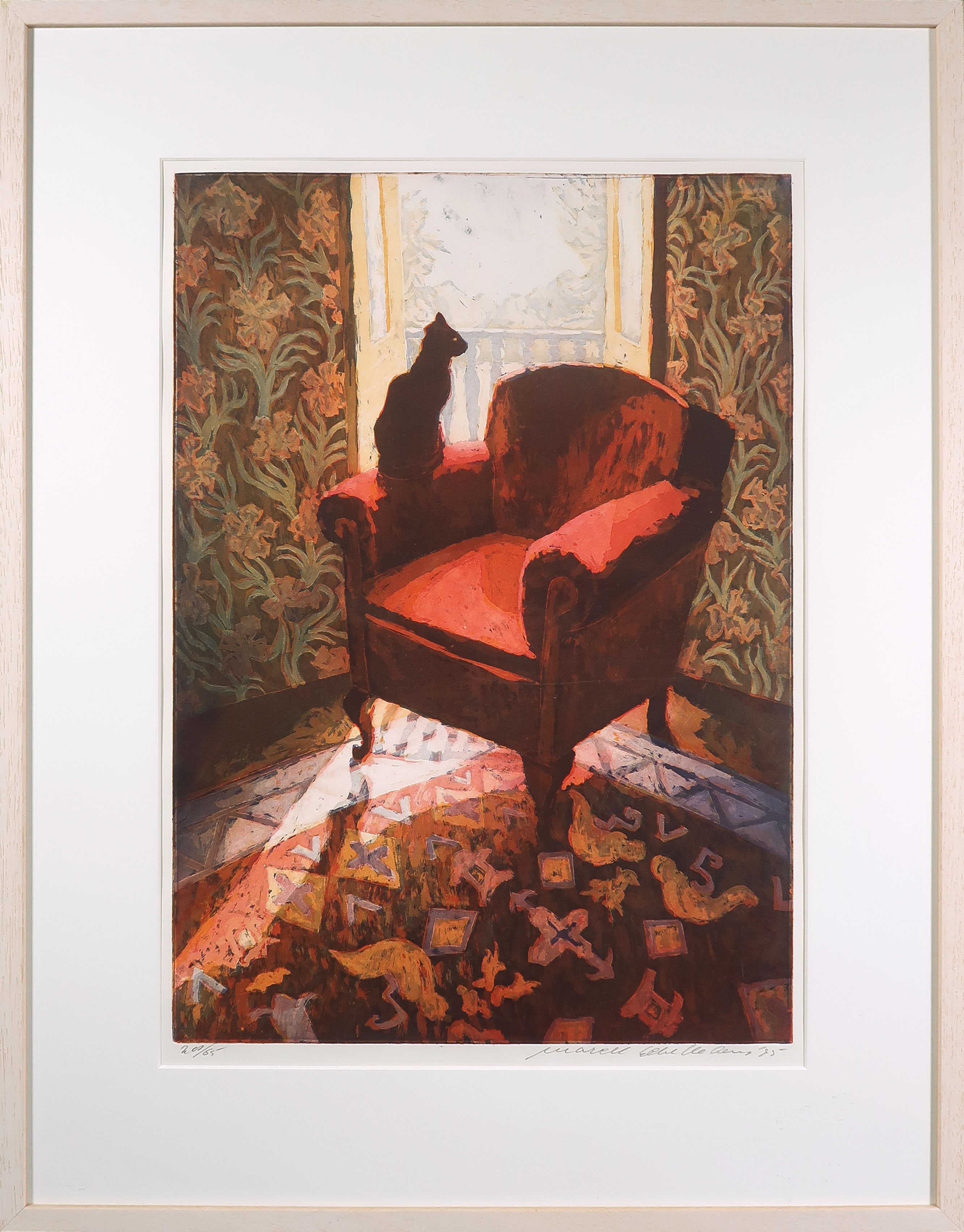 Marcel Schellekens - Kleurenets, Kat op stoel - Ingelijst verkocht voor € 150!