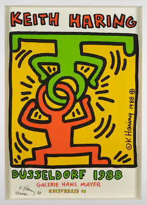Keith Haring - Gesigneerd, Galerie Hans Mayer Düsseldorf 1988, mooi ingelijst vendu pour 1490€ !