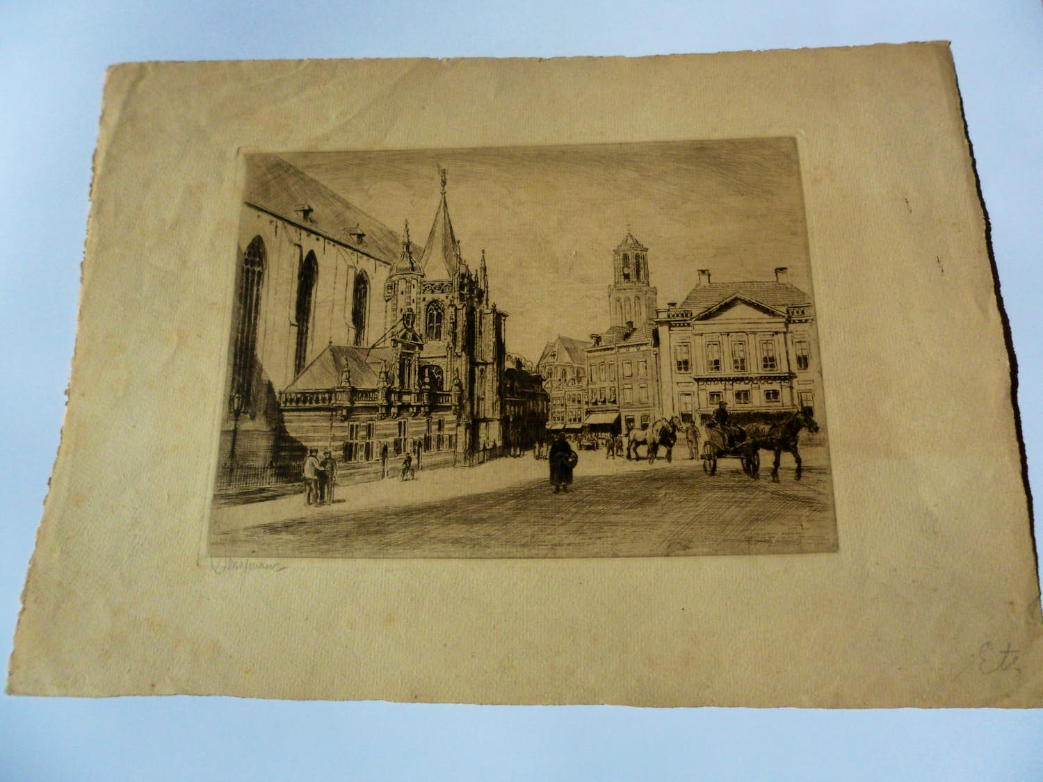Waalko Jans Dingemans (sr.) - Ets. Een stadsplein in Zwolle met boerensjees . kopen? Bied vanaf 30!