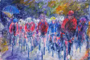 Paul Nieuwendijk - Wielrenners in de regen. verkocht voor € 80!