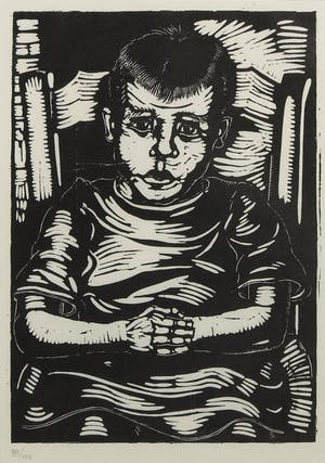 Dick Ket - Linoleumsnede, Meisje in kinderstoel - Ingelijst kopen? Bied vanaf 40!