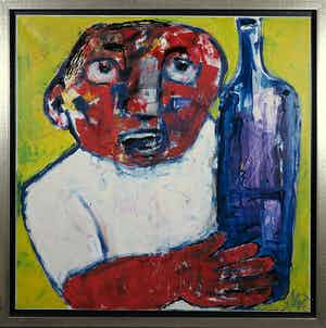 Martin van Wordragen - Gemengde techniek op doek, Barman met fles - Ingelijst (Groot) verkocht voor € 250!