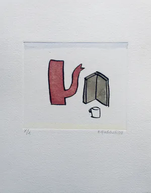 Klaas Gubbels - ets met aquarel ingekleurd - ‘Rode kan met boek’ kopen? Bied vanaf 245!