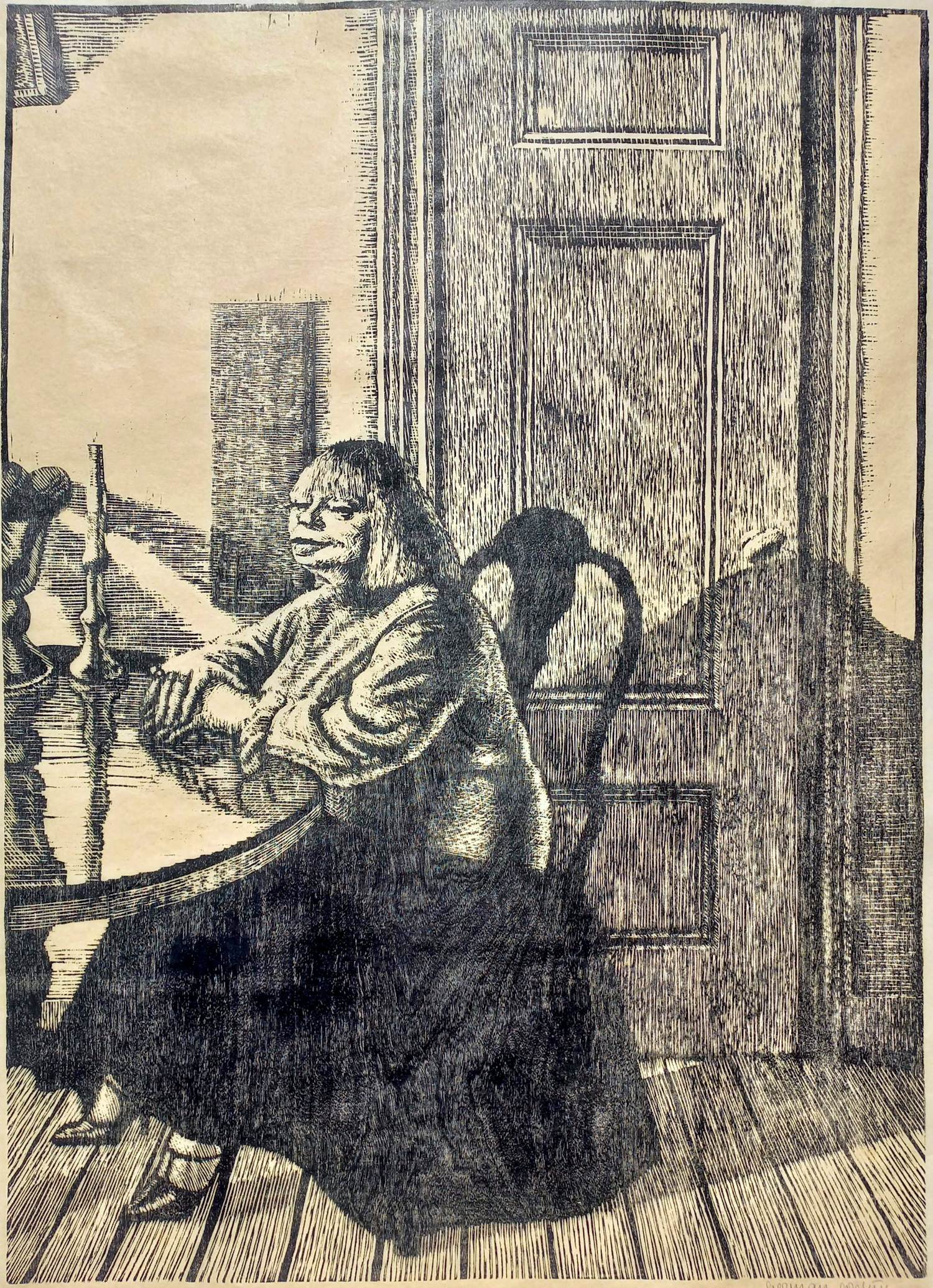 Herman Gordijn - Lida in interieur, houtsnede verkocht voor € 125!