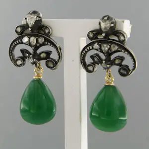 14k geel goud met zilver oorhangers met groene agaat en roos diamant tot. 0.30ct kopen? Bied vanaf 400!