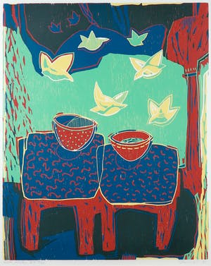 Diana van Hal - Linosnede, Rode schalen - Ingelijst kopen? Bied vanaf 35!