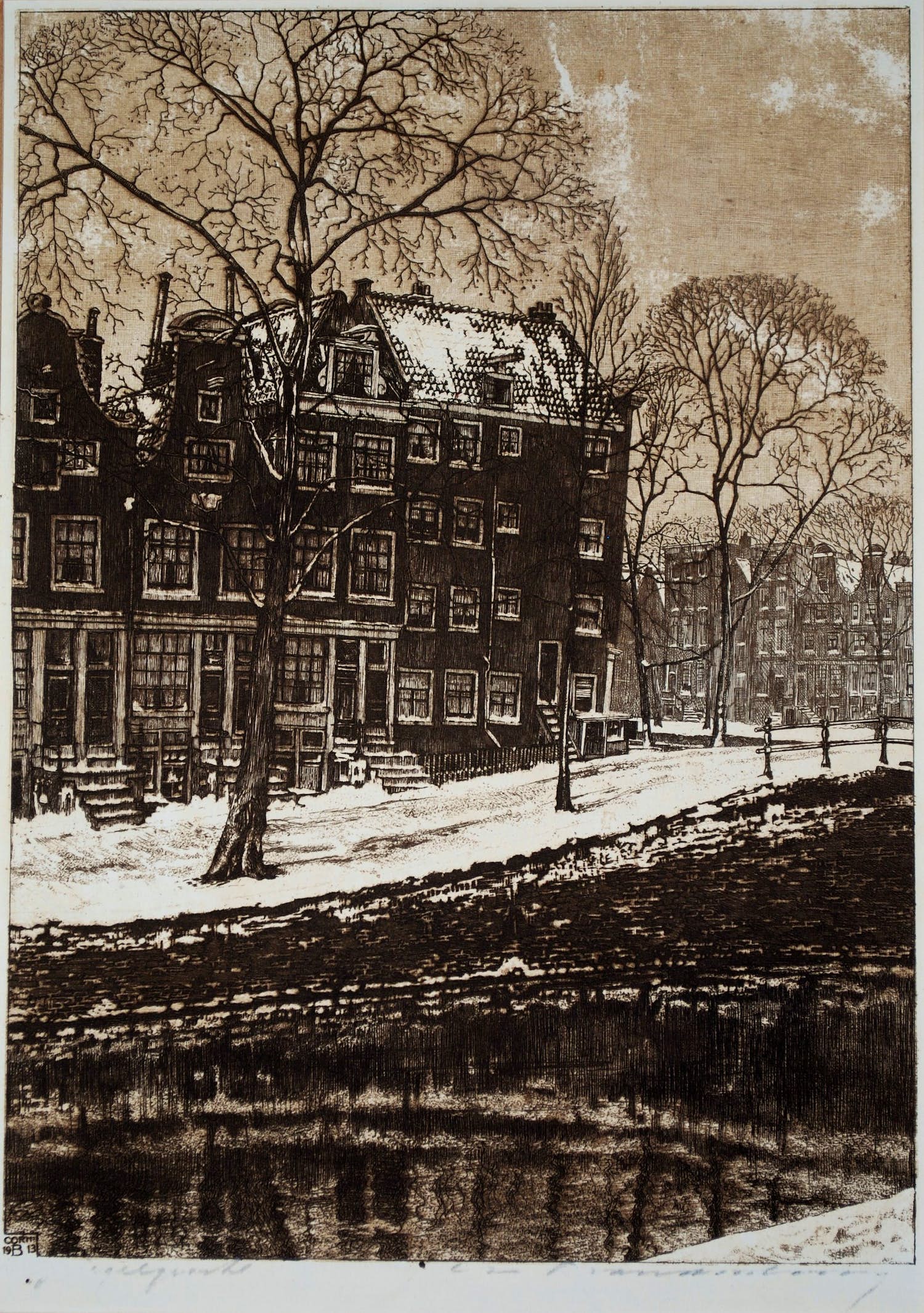 Cornelis Brandenburg - ets uit 1913 - winter in Amsterdam - Spiegelgracht, hoek Prinsengracht - kopen? Bied vanaf 80!