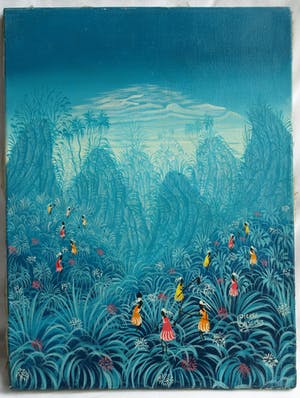 Niet of onleesbaar gesigneerd - Acrylverf op doek , “Blauw landschap met vrouwen“ kopen? Bied vanaf 1!